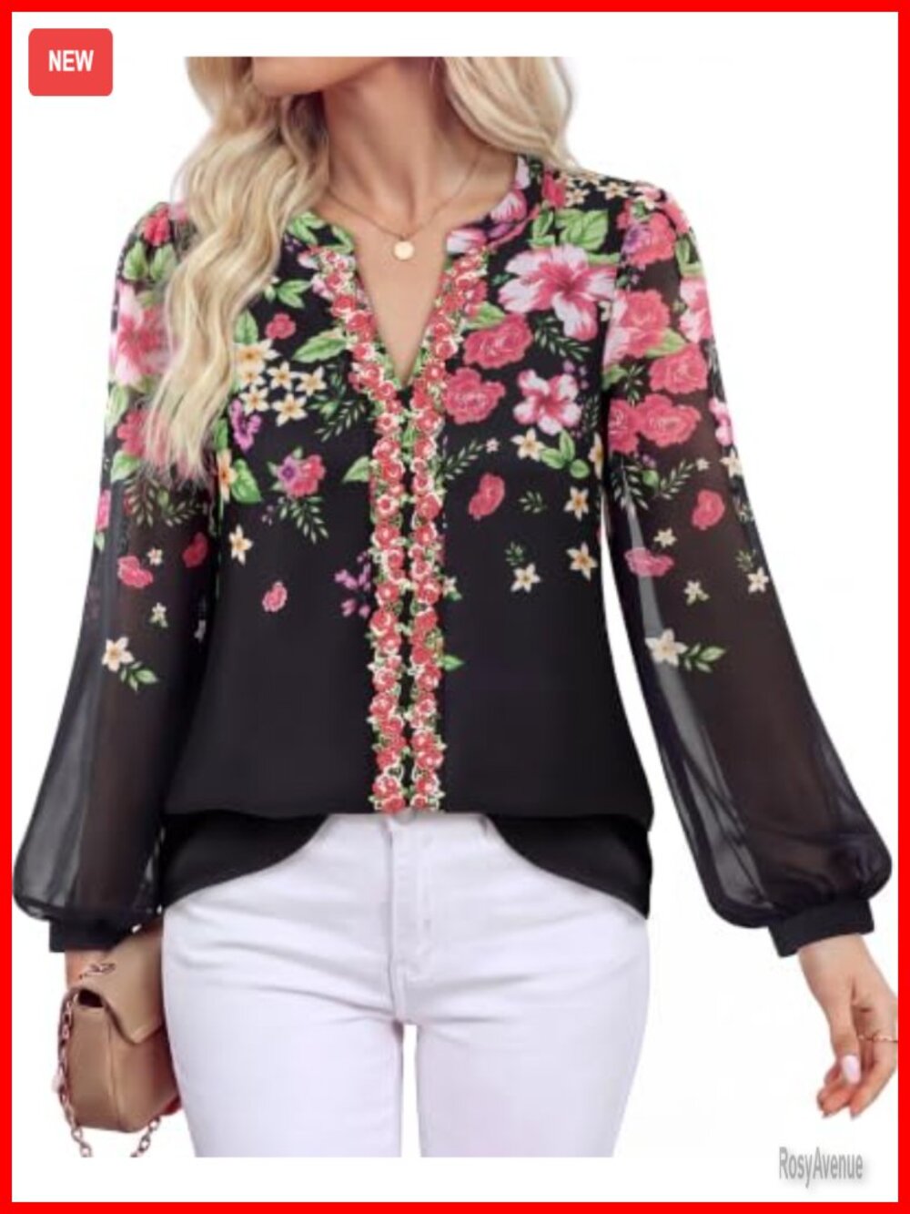 Lotusmile Women's Embroidered V-Neck Puff Sleeve Double Layer Blouse